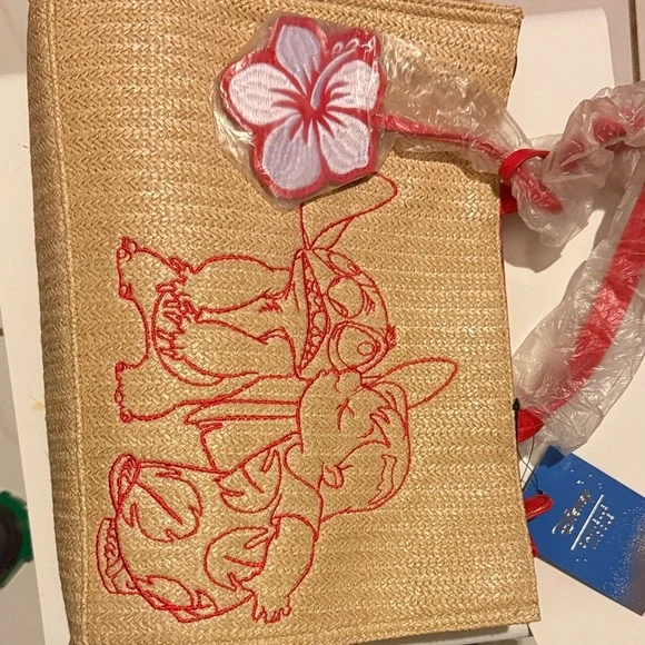 Disney Straw Tote with Red Embroidered Stitch and Flower Charm - Picture 2 of 9